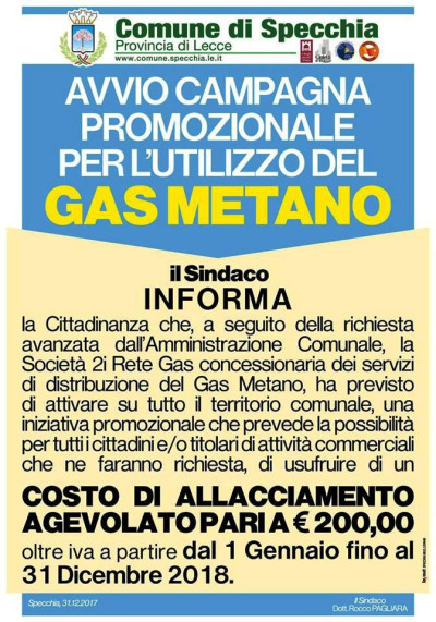 AVVIO CAMPAGNA PROMOZIONALE PER L'UTILIZZO DEL GAS METANO