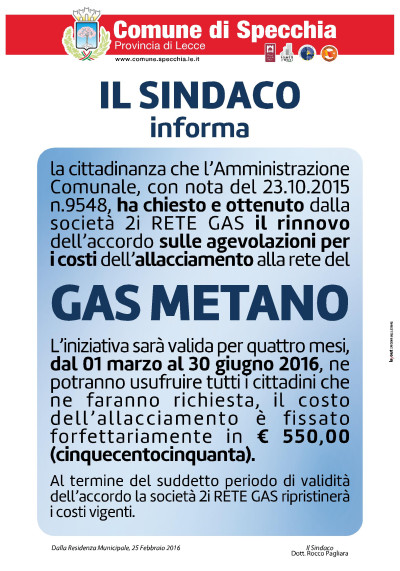AGEVOLAZIONE SUL COSTO DELL'ALLACCIAMENTO ALLA RETE DEL GAS METANO - RINNOVO ...