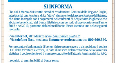 DAL 3 MARZO 2014 E' POSSIBILE RICHIEDERE IL BONUS IDRICO