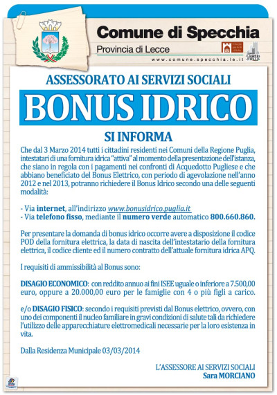 DAL 3 MARZO 2014 E' POSSIBILE RICHIEDERE IL BONUS IDRICO