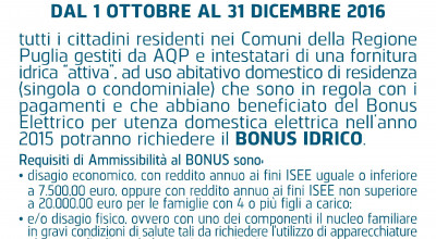 BONUS IDRICO PUGLIA 2016 - ANNUALITA' 2015 DOMANDE DAL 01 OTTOBRE AL 31 DICEM...