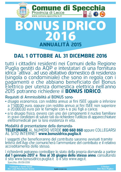 BONUS IDRICO PUGLIA 2016 - ANNUALITA' 2015 DOMANDE DAL 01 OTTOBRE AL 31 DICEM...