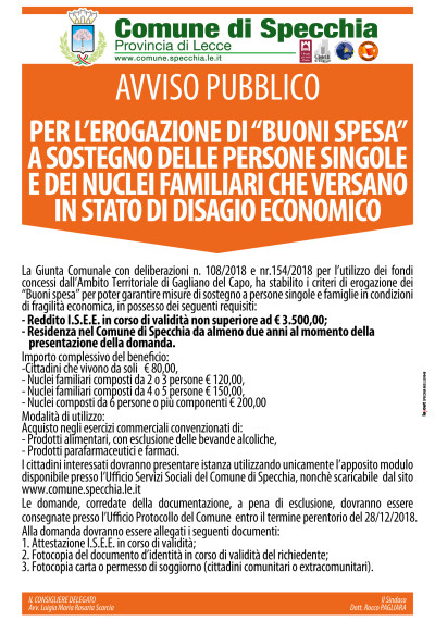  AVVISO PUBBLICO   PER L&rsquo;EROGAZIONE DI &ldquo;BUONI SPESA&rdquo; A SOST...