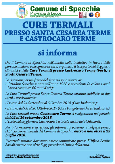 CURE TERMALI PRESSO SANTA CESAREA TERME E CASTROCARO TERME ANNO 2018