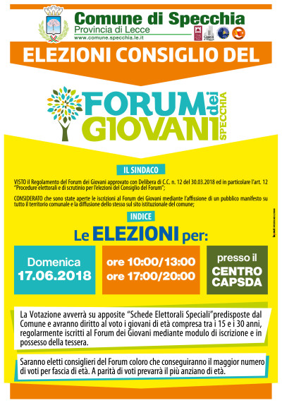ELEZIONI DEL CONSIGLIO DEL FORUM DEI GIOVANI - DOMENICA 17 GIUGNO DALLE ORE 1...