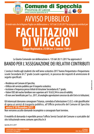 FACILITAZIONI DI VIAGGIO STUDENTI SCUOLE SECONDARIE 2 GRADO