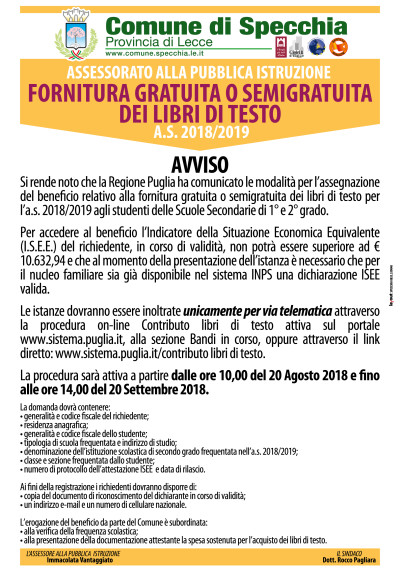 Fonitura di libri di testo delle scuole secondarie di I e II grado per l'a.s....