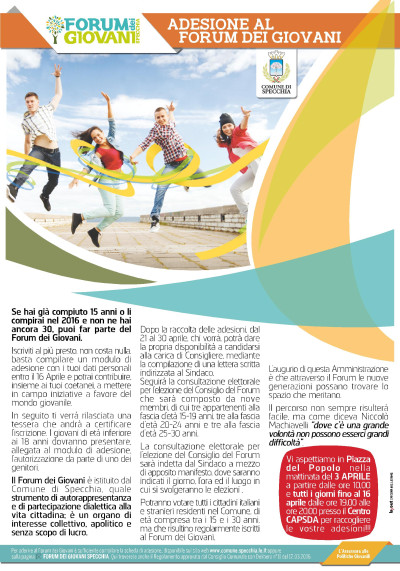 ADESIONE AL FORUM GIOVANI DI SPECCHIA - APERTE LE ISCRIZIONI SINO AL 16 APRILE