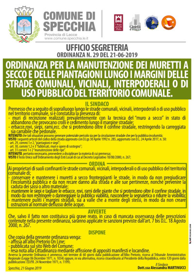 ORDINANZA PER LA MANUTENZIONE DEI MURETTI A SECCO