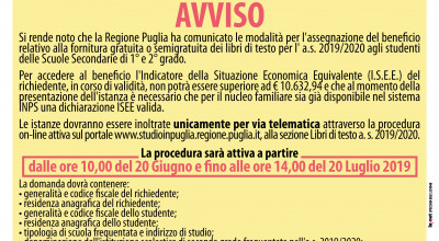 FORNITURA GRATUITA O SEMIGRATUITA DEI LIBRI DI TESTO - ANNO SCOLASTICO 2019-2020