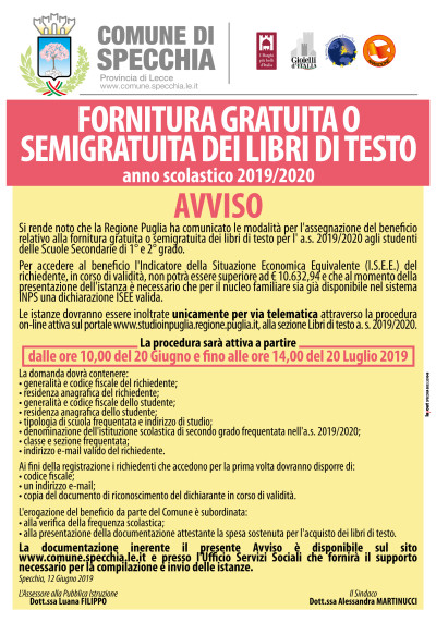 FORNITURA GRATUITA O SEMIGRATUITA DEI LIBRI DI TESTO - ANNO SCOLASTICO 2019-2020