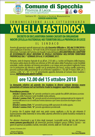XYLELLA FASTIDIOSA DECRETO DI DECLARATORIA DANNI CAUSATI DA ORGANISMI NOCIVI ...