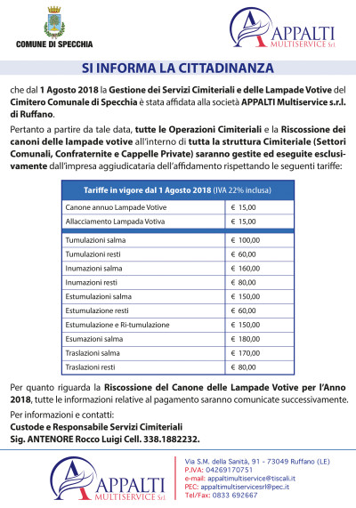AFFIDAMENTO DEI SERVIZI CIMITERIALI E DELLE LAMPADE VOTIVE ALLA DITTA APPALTI...