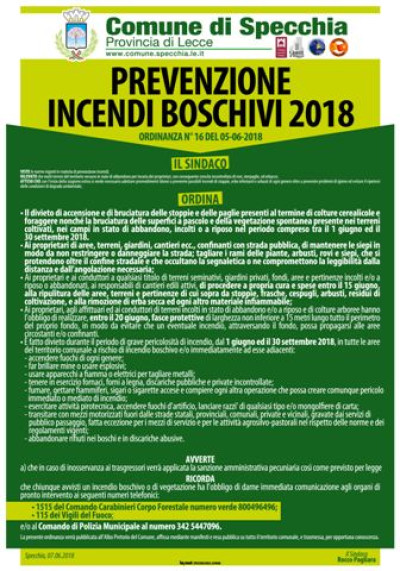 PREVENZIONE INCENDI BOSCHIVI 2018, ORDINANZA NUMERO 16 DEL 05.06.2018