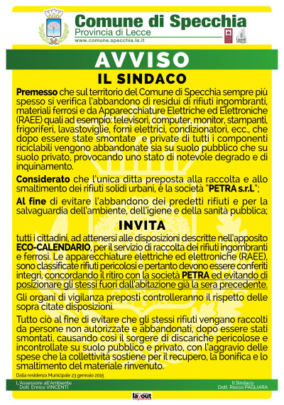 COMUNICAZIONI DEL SINDACO A TUTTI I CITTADINI CIRCA IL SERVIZIO DI RACCOLTA D...