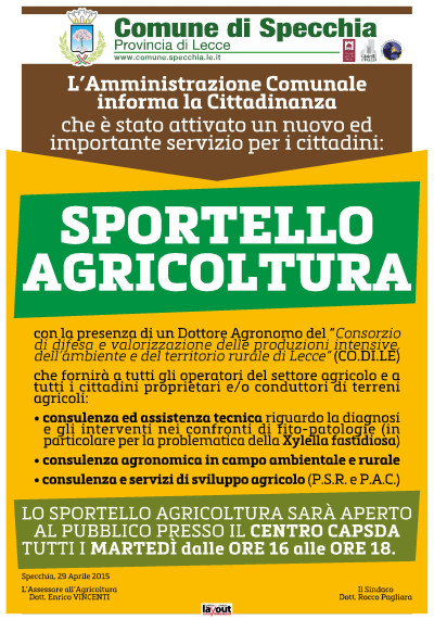 APERTURA DI UNO SPORTELLO AGRICOLTURA A SPECCHIA