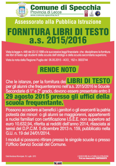 FORNITURA LIBRI DI TESTO ANNO SCOLASTICO 2015-2016