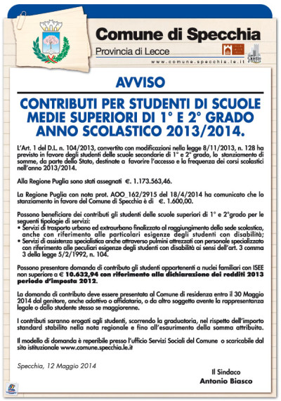 CONCESSIONE CONTRIBUTI PER STUDENTI DI SCUOLE MEDIE SUPERIORI DI 1&deg; E 2&d...