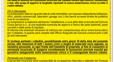AVVISO IMPORTANTE CIRCA L'ATTIVITA' DI MONTAGGIO DELLA NUMERAZIONE CIVICA