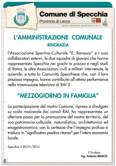 RINGRAZIAMENTI DA PARTE DELL'AMMINISTRAZIONE COMUNALE