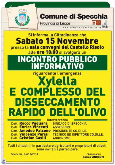 INCONTRO INFORMATIVO PUBBLICO SULLA XILELLA E SUL COMPLESSO DEL DISSECCAMENTO...